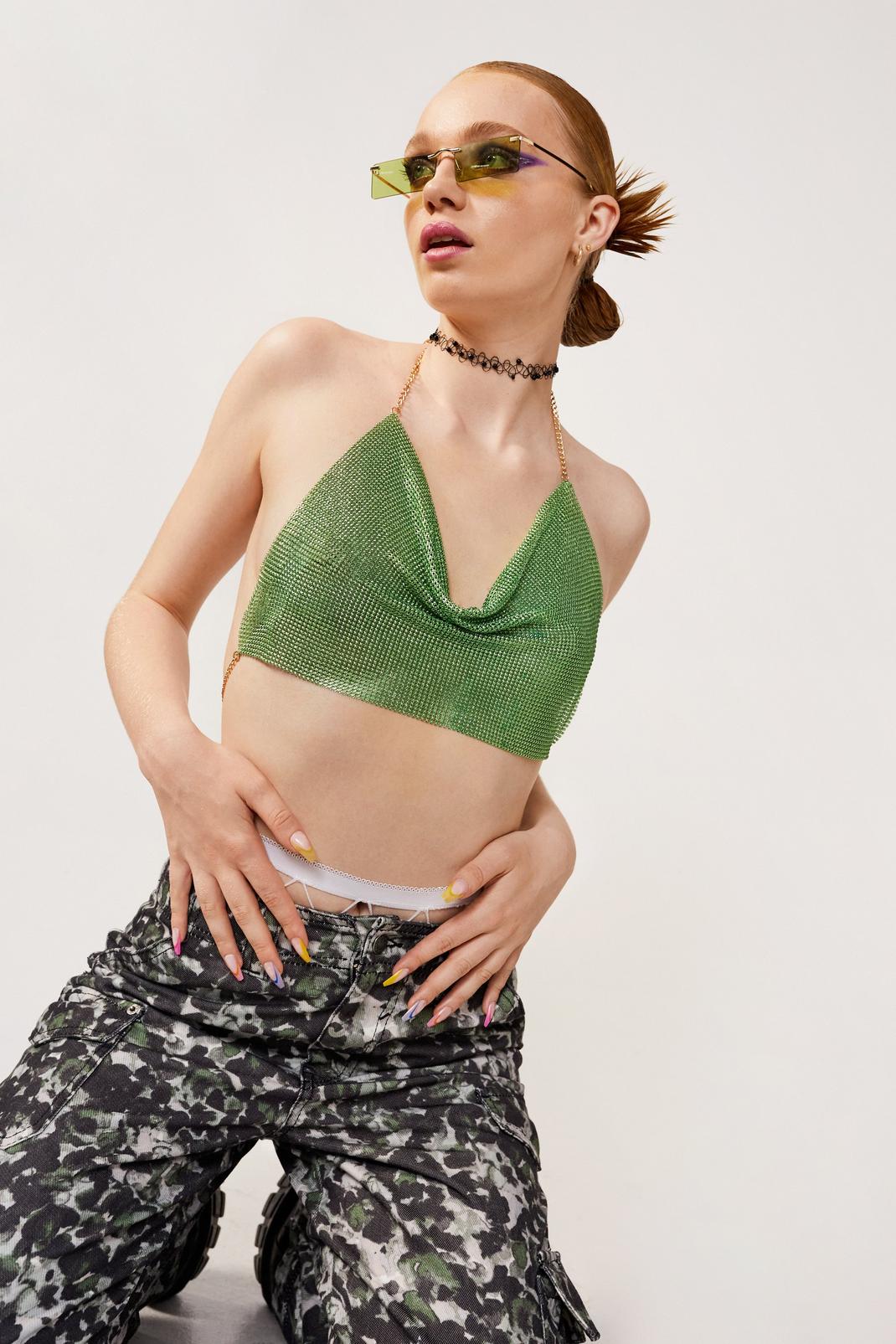 Green Chainmail Cowl Neck Crop Top image number 1
