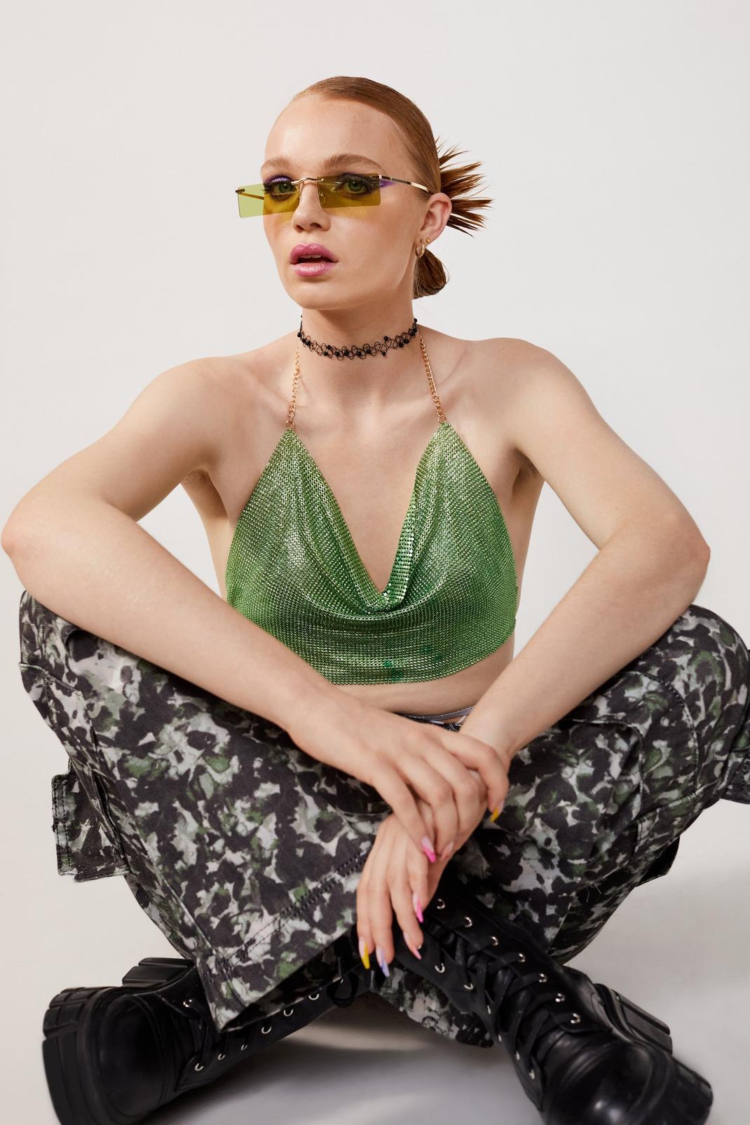130 Green Chainmail Cowl Neck Crop Top image number 2