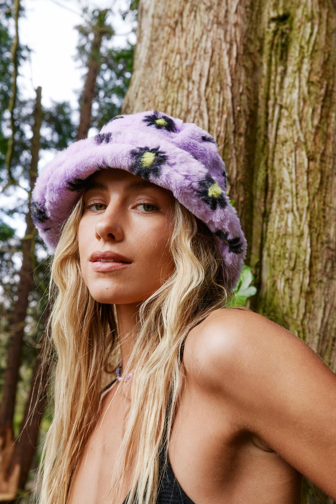 Lilac Daisy Print Faux Fur Bucket Hat image number 1