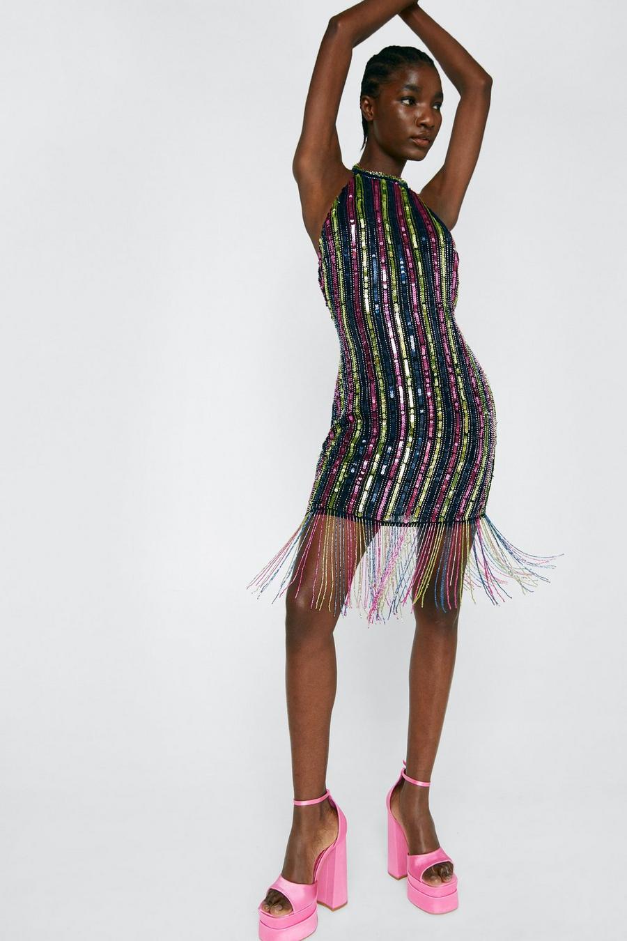 Sequin Stripe Fringe Hem Mini Dress