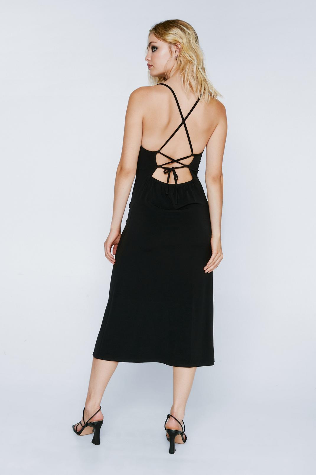 Black Crossover Lace Up Back Midi Dress image number 1