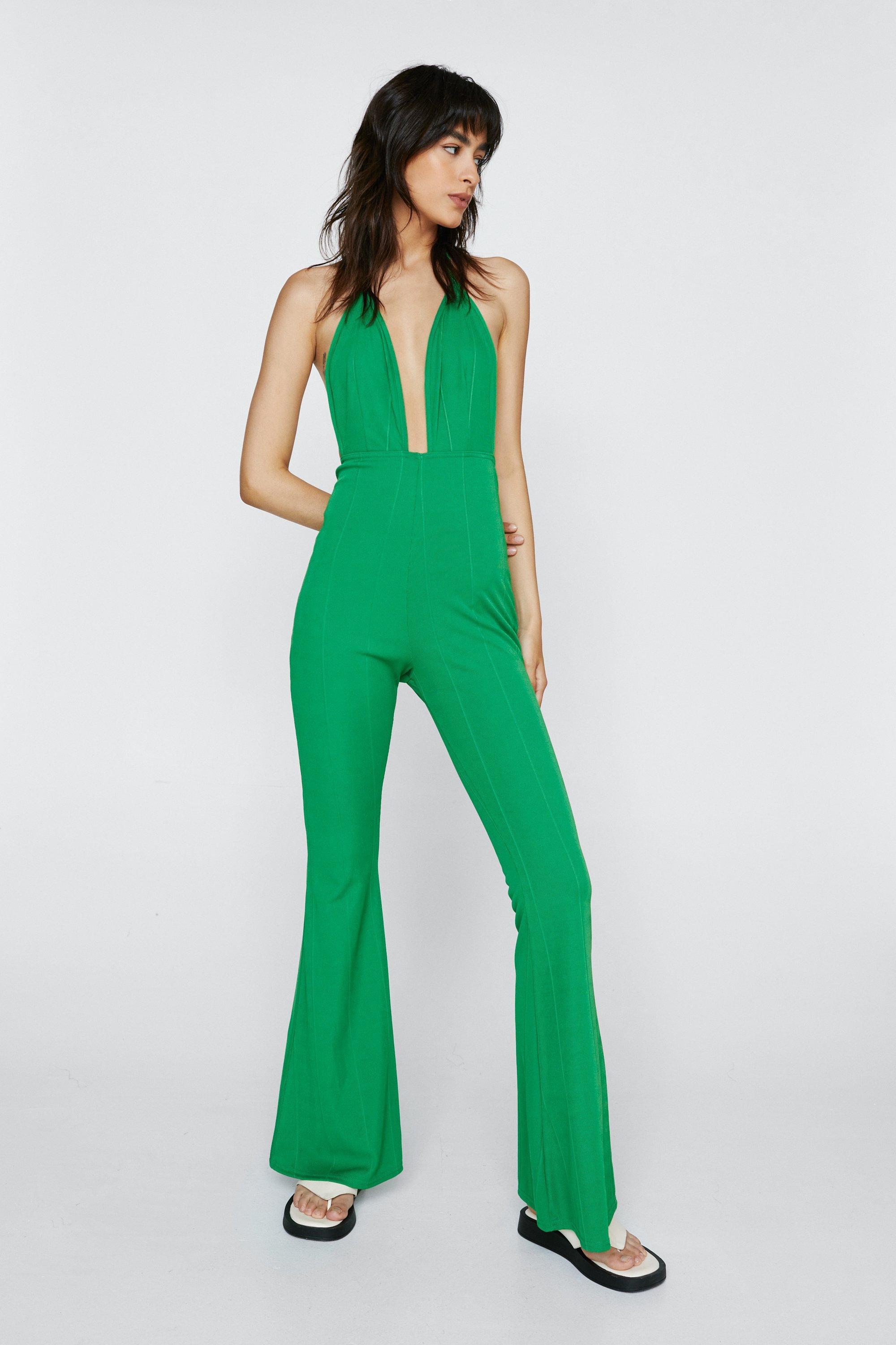 Plunge Halter Neck Wide Leg Jumpsuit