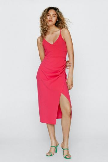 Pink Ruche Slide Split Midi Dress