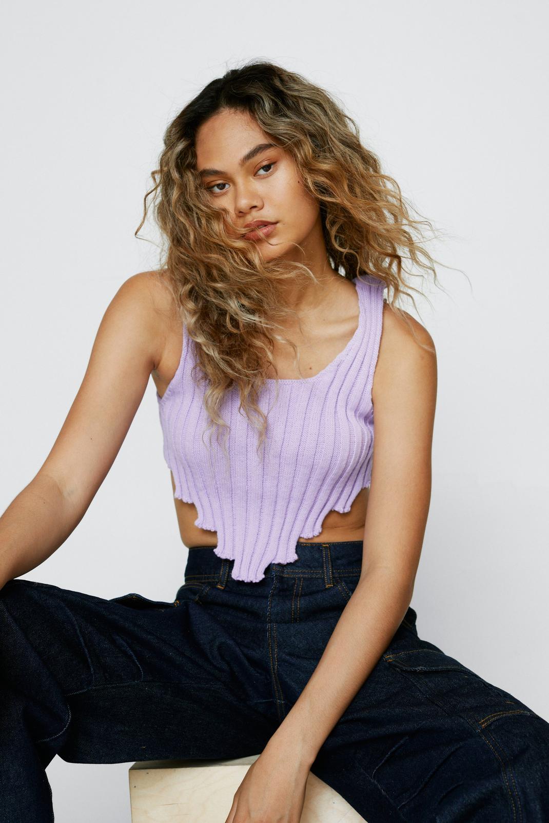 Lilac Ribbed Asymmetric Hem Knitted Crop Top image number 1