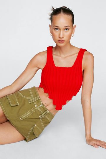 Red Ribbed Asymmetric Hem Knitted Crop Top