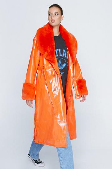 Orange Faux Fur Collar Vinyl Trench Coat