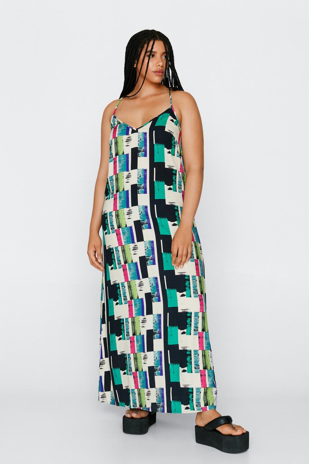 Black Plus Size Tile Print Trapeze Maxi Dress image number 1