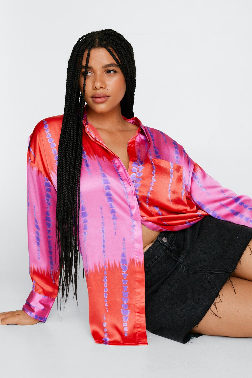 Red Plus Size Satin Dye Print Relaxed Shirt image number 1
