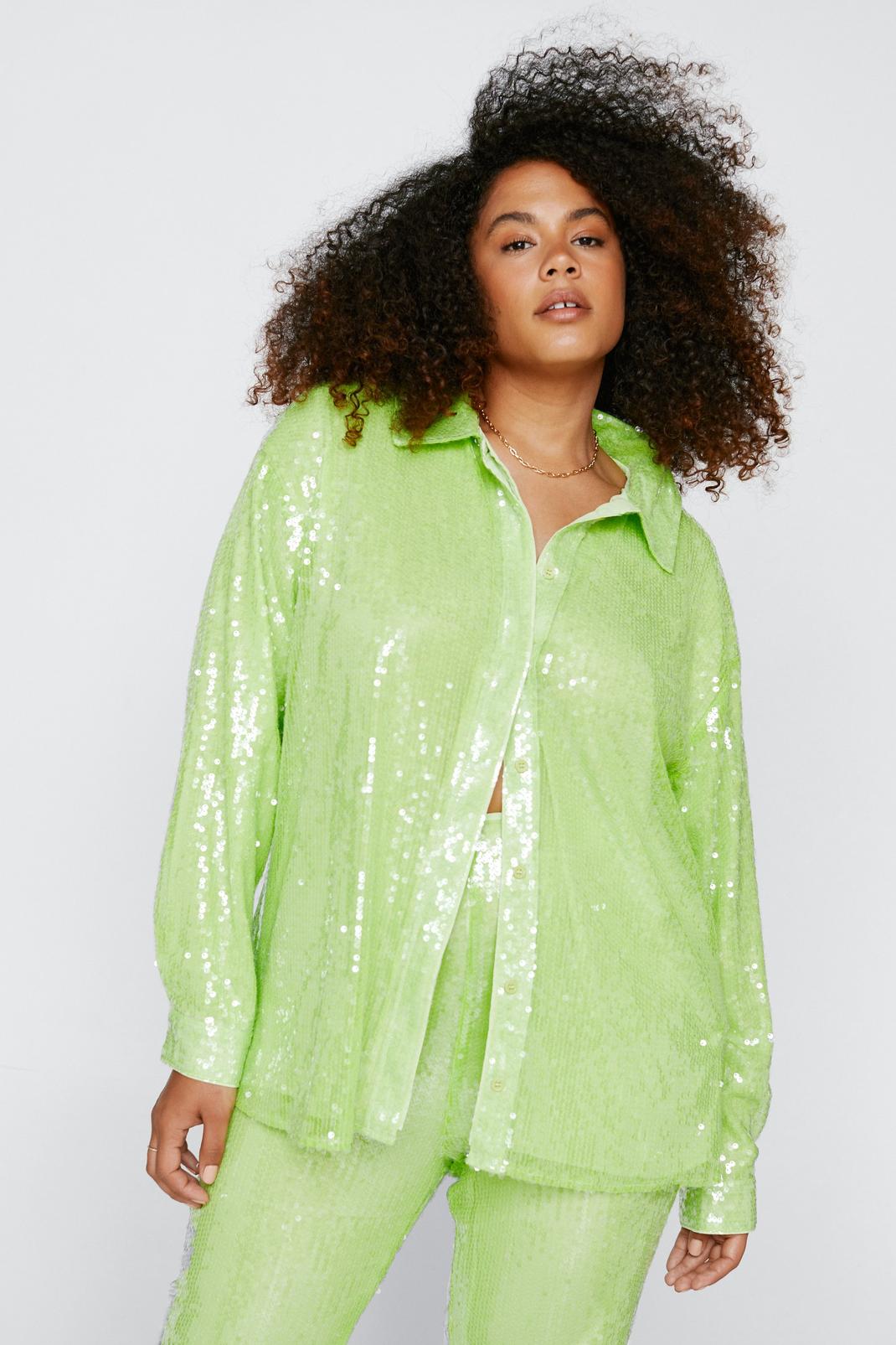 Green Plus Size Sequin Relaxed Fit Shirt image number 1