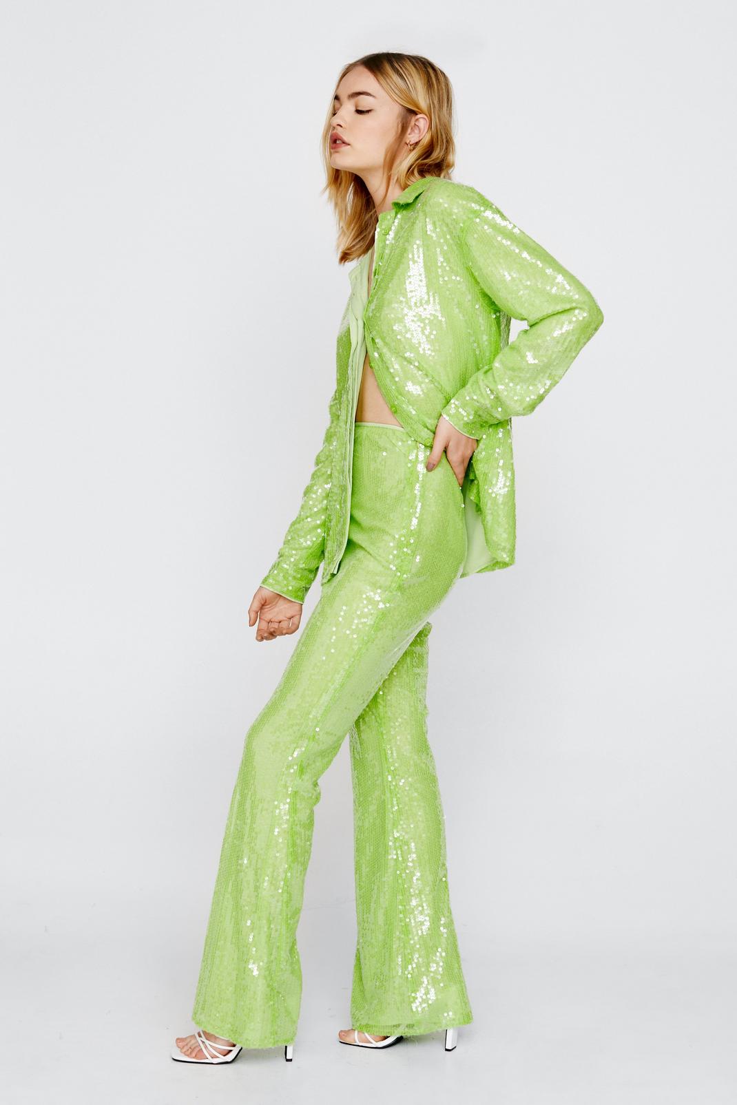 Green Sequin Kick Flared Pants image number 1
