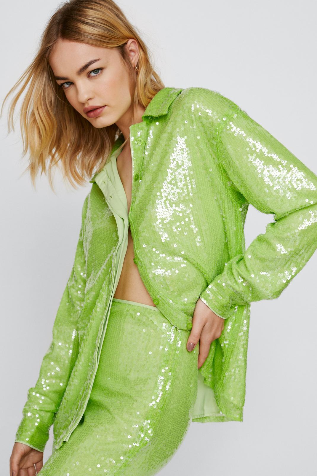 Green Sequin Long Sleeve Relaxed Fit Shirt image number 1