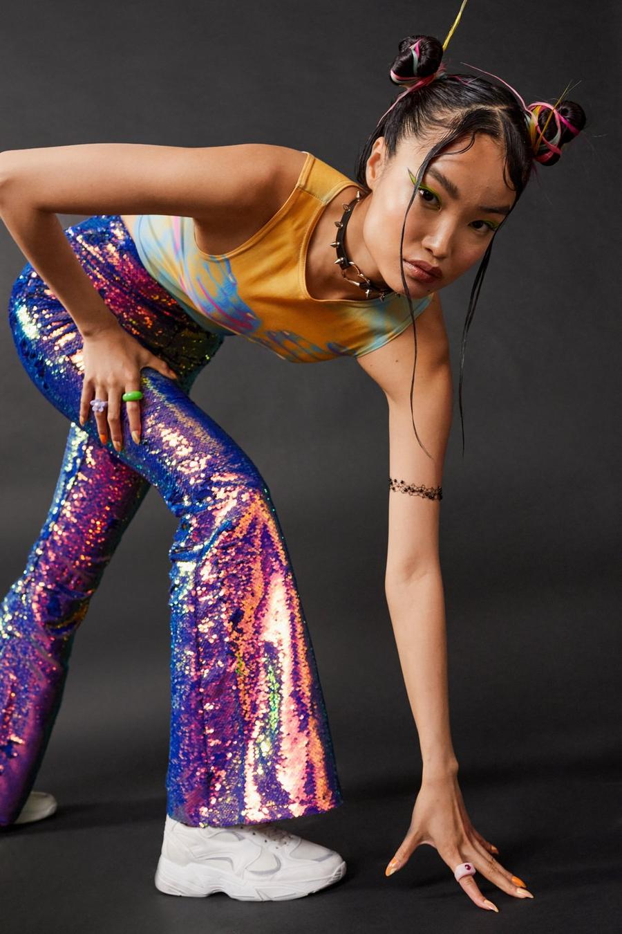 Iridescent Sequin Kick Flared Trousers