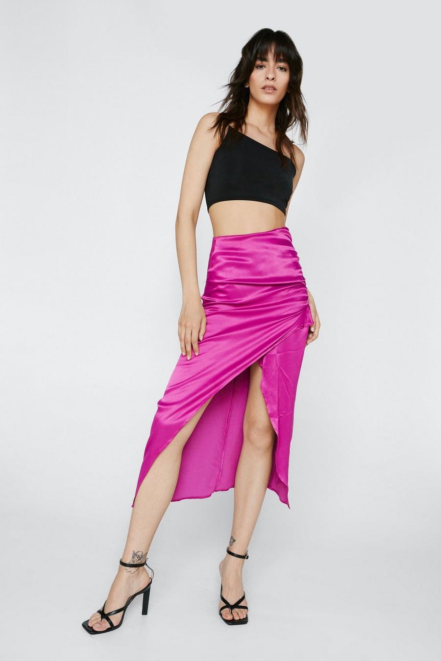Ruched Side Asymmetric Hem Midi Skirt