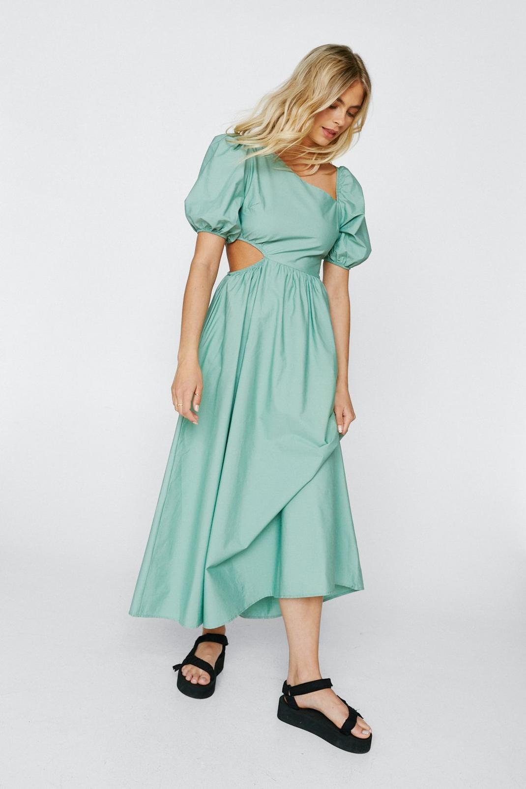 Sage Cut Out Puff Sleeve Smock Midi Dress image number 1
