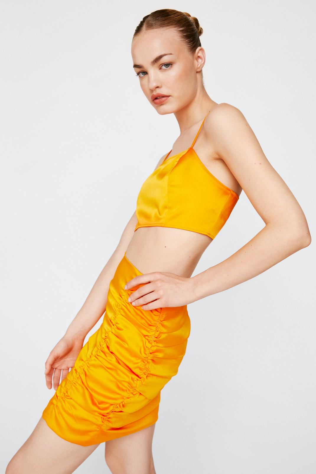 Orange Premium Bonded Satin Ruched Skirt  image number 1