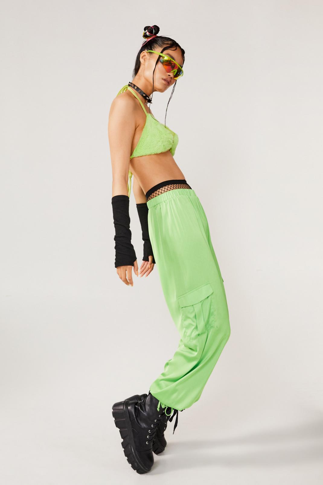 Green Satin Double Pocket Cargo Pants image number 1