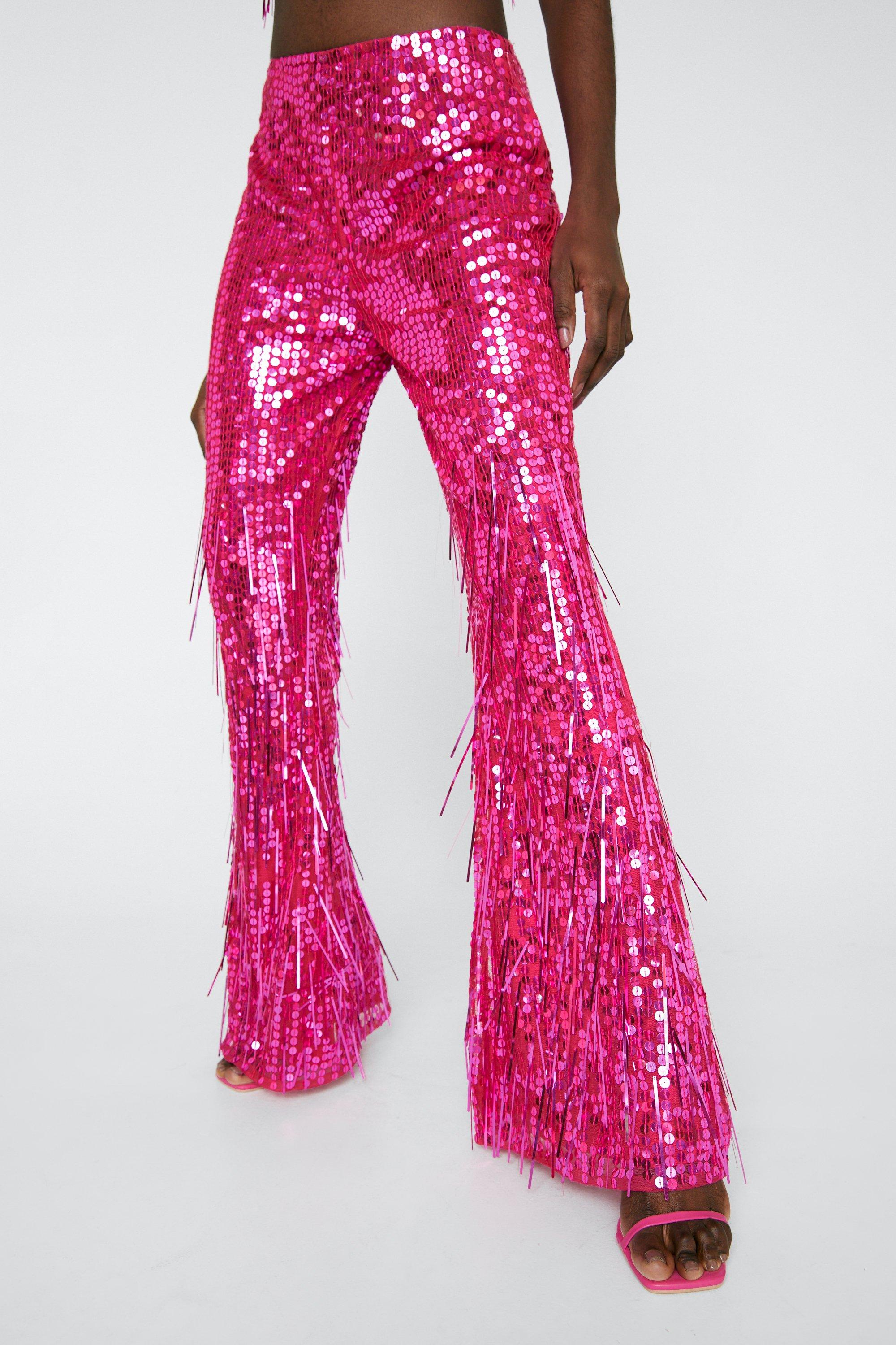 Petite Pink Sequin Flared Trousers, Petite