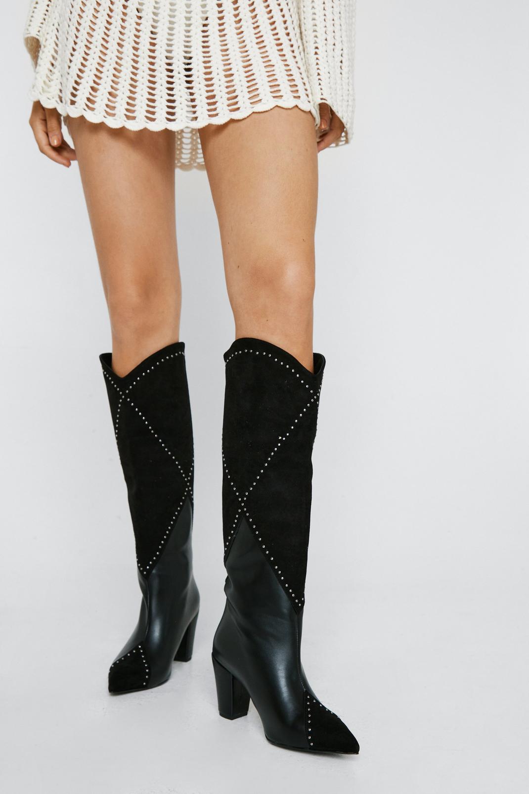 Black Faux Leather Studded Knee High Western Boot image number 1