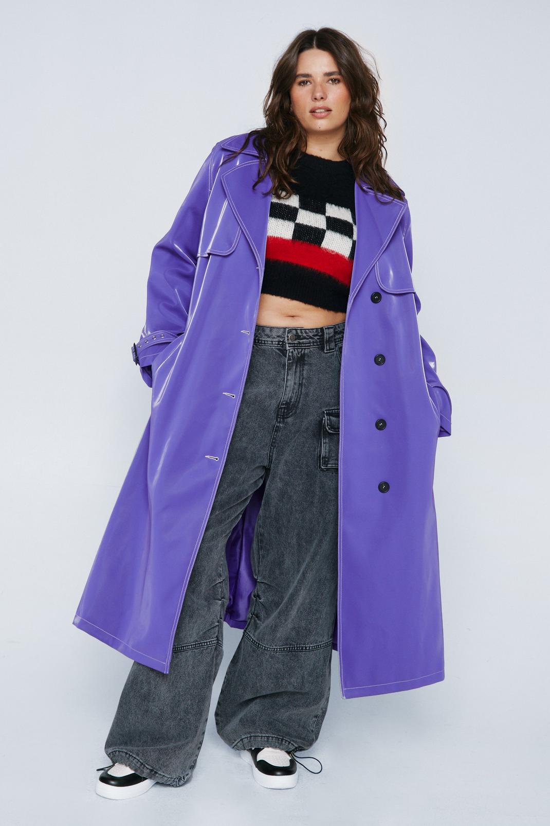 Purple Plus Size High Shine Premium Belted Trench Coat image number 1