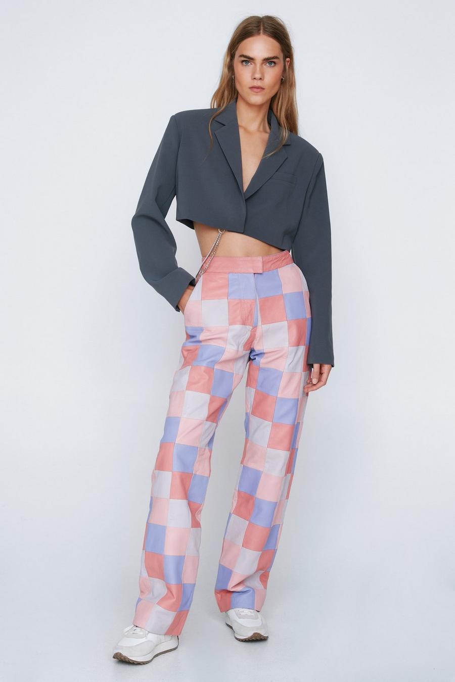 Checkerboard Print Real Leather Pants