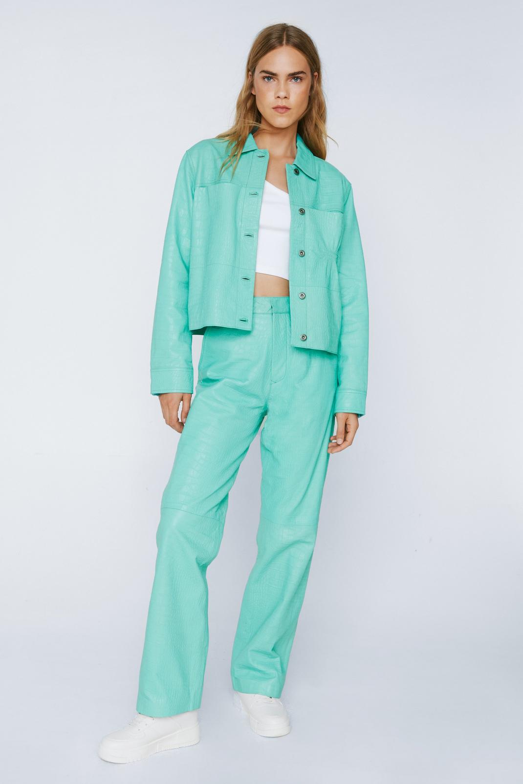 Turquoise Croc Embossed Real Leather Straight Leg Trousers image number 1