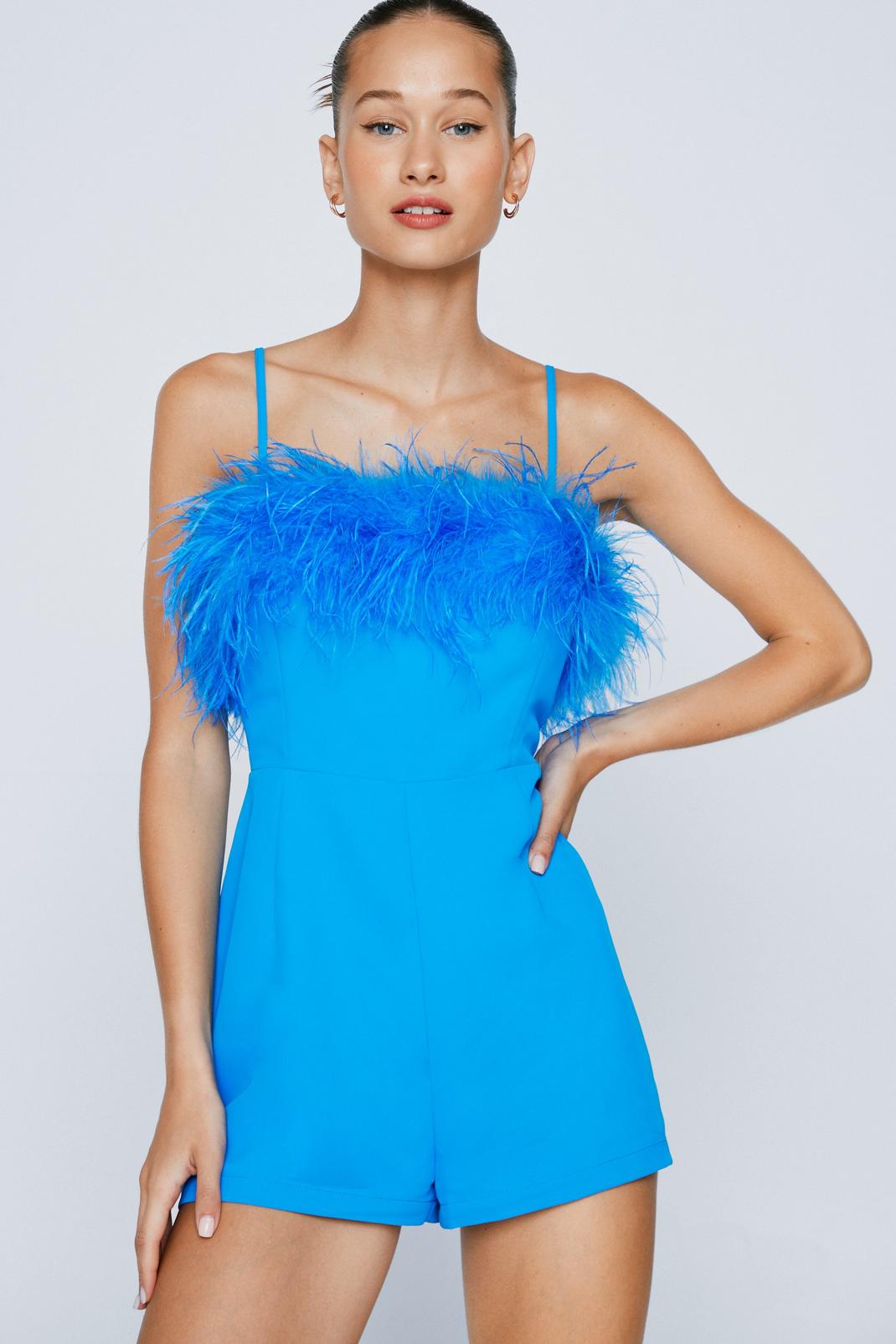 Blue Petite Strappy Feather Trim Playsuit image number 1
