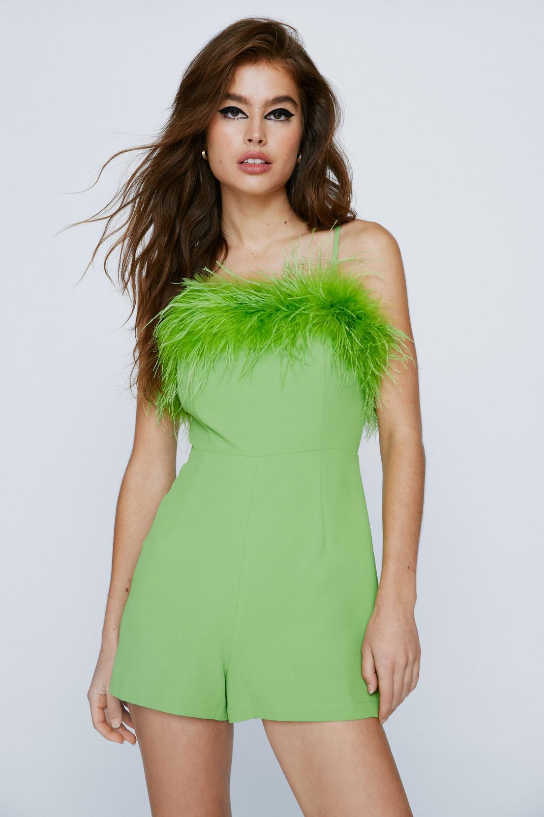 Green Strappy Feather Trim Romper image number 1