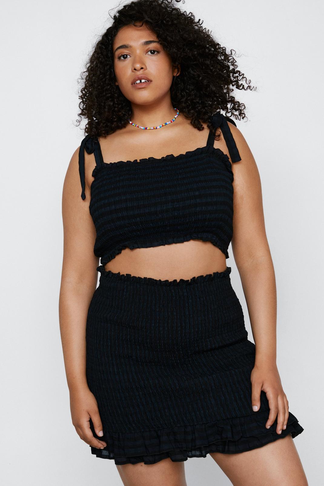 Black Plus Size Shirred Co-Ord Mini Skirt image number 1