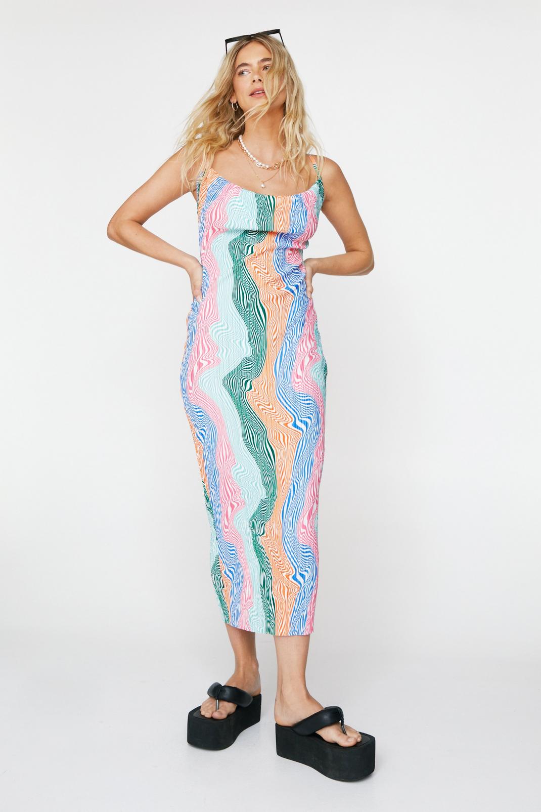 Multi Abstract Wave Print Plisse Midi Dress image number 1