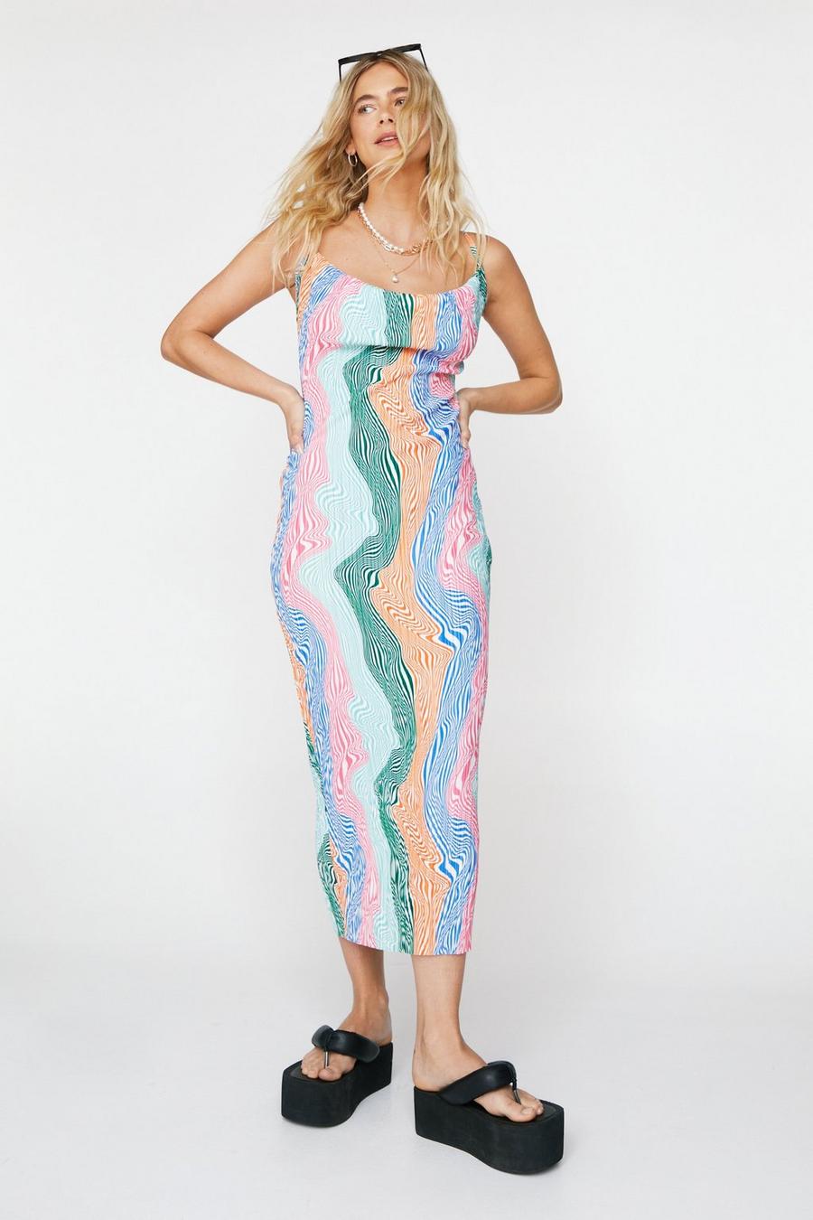 Abstract Wave Print Plisse Midi Dress