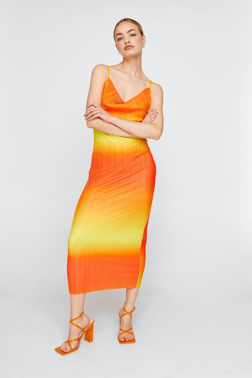 Orange Ombre Plisse Cowl Neck Midi Dress image number 1