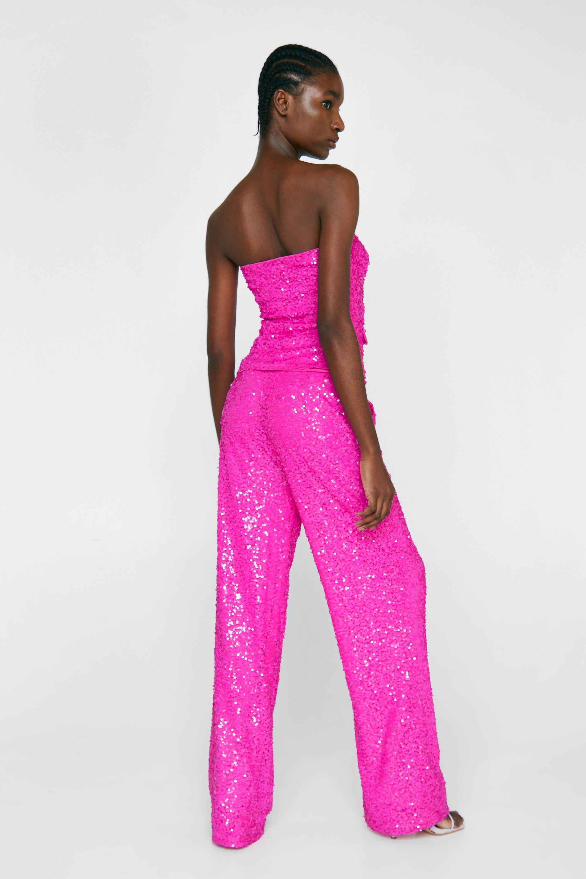 Sequin Bralet In Hot Pink Co-Ord - 12  Wide leg trousers, Pink sequin, Hot  pink