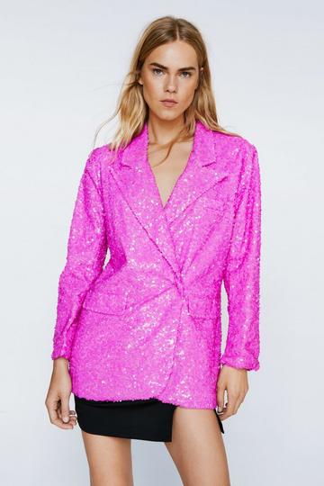 Pink Sequin Notched Lapel Oversized Blazer