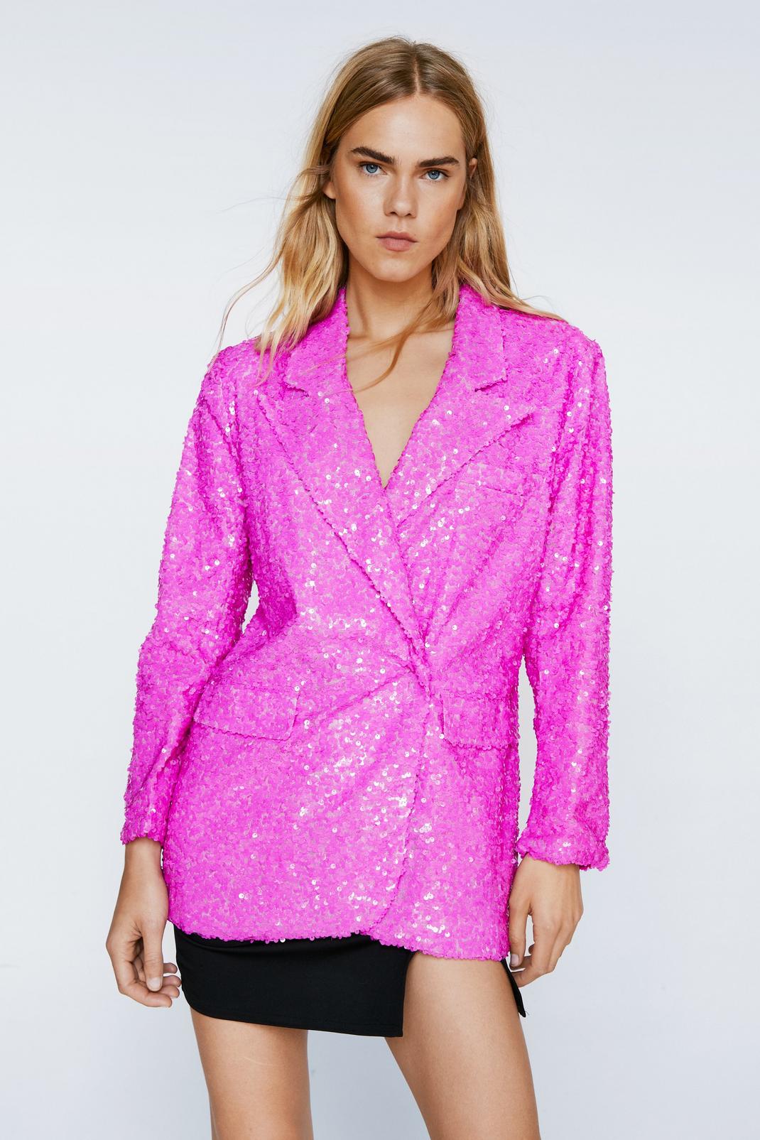 Hot pink Sequin Notched Lapel Oversized Blazer image number 1