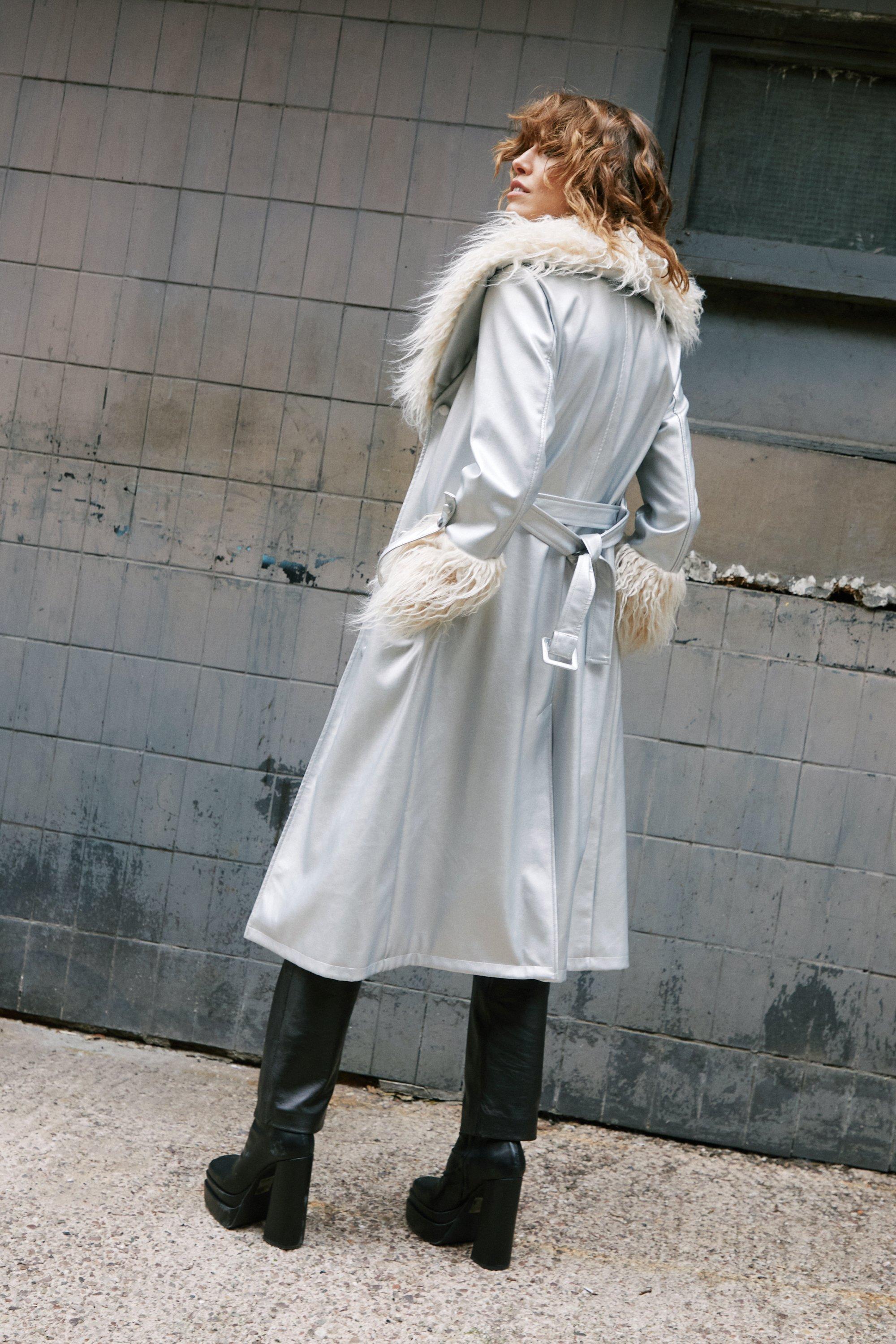 Premium Faux Shearling Fur Collar Trench Coat