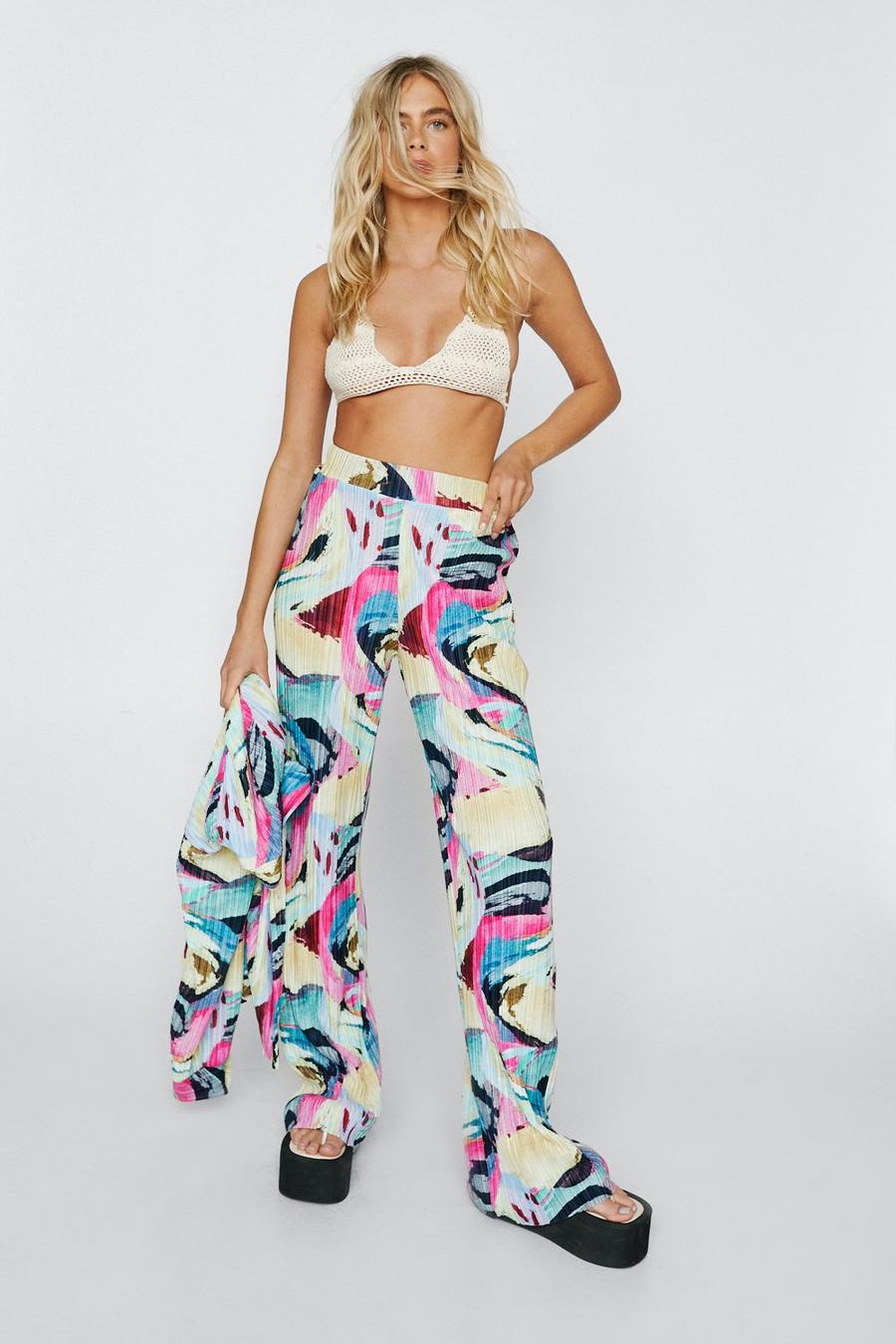 Plisse Abstract Print High Waisted Pants