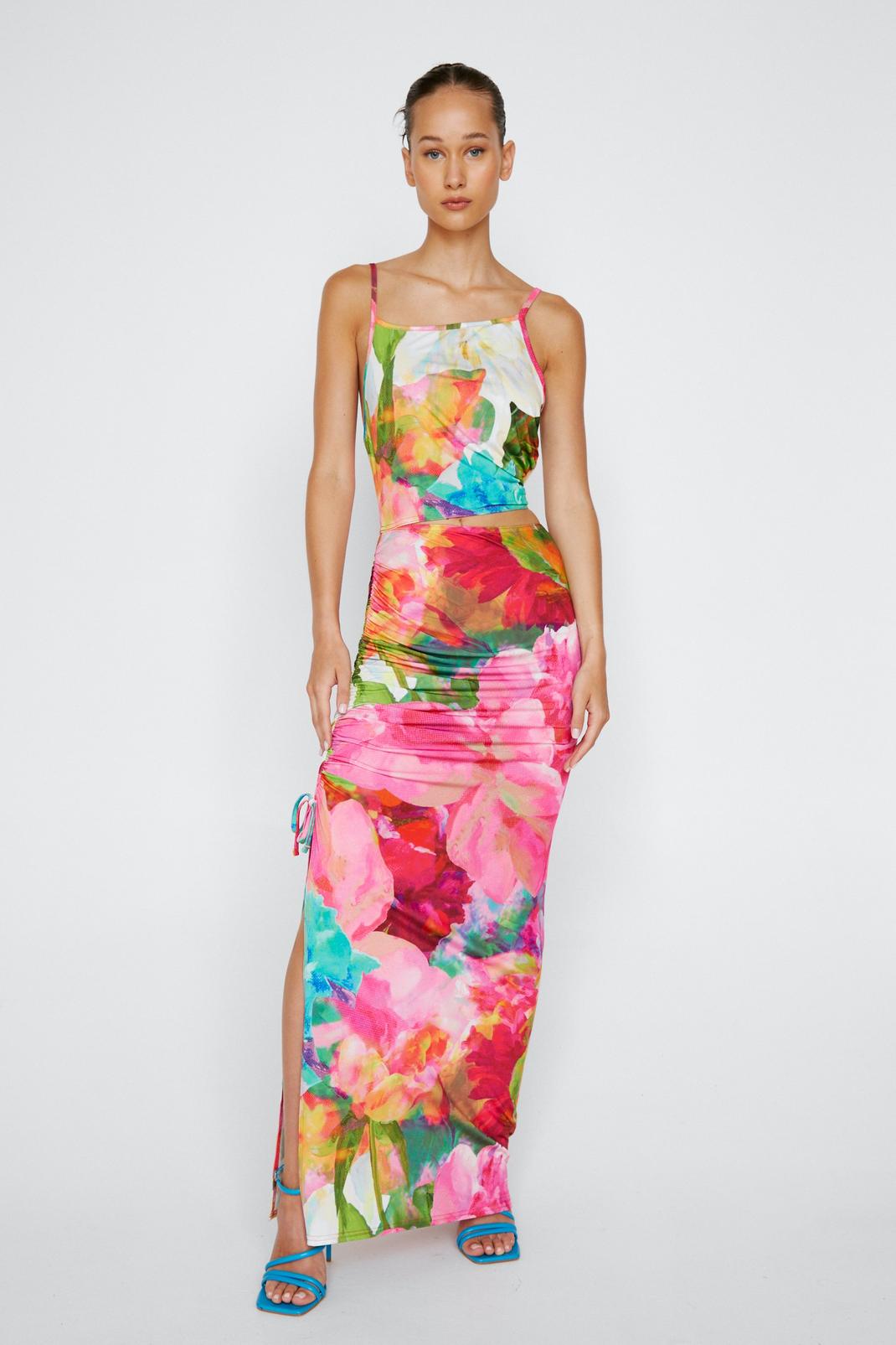 Ruched Floral Print Slinky Maxi Dress image number 1