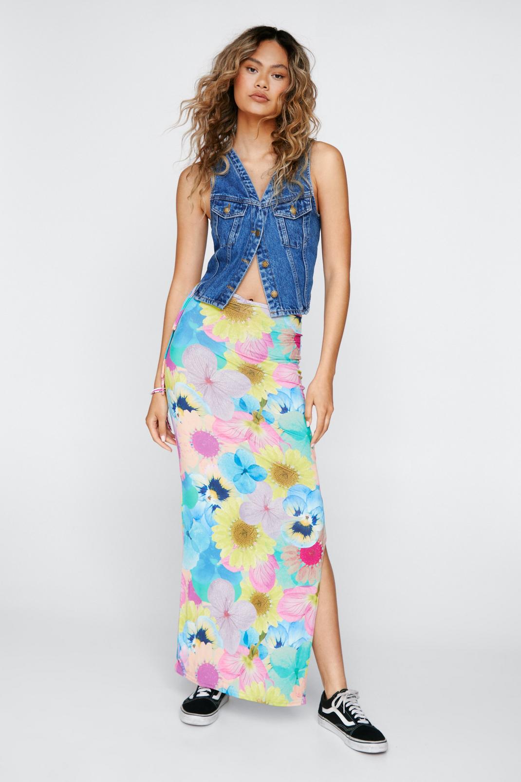 Multi Tie Waist Floral Print Slinky Maxi Skirt image number 1