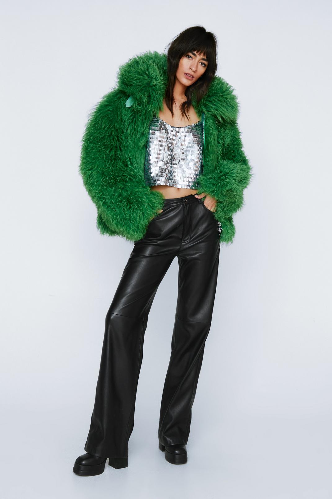 Green Real Curly Fur Shearling Coat  image number 1