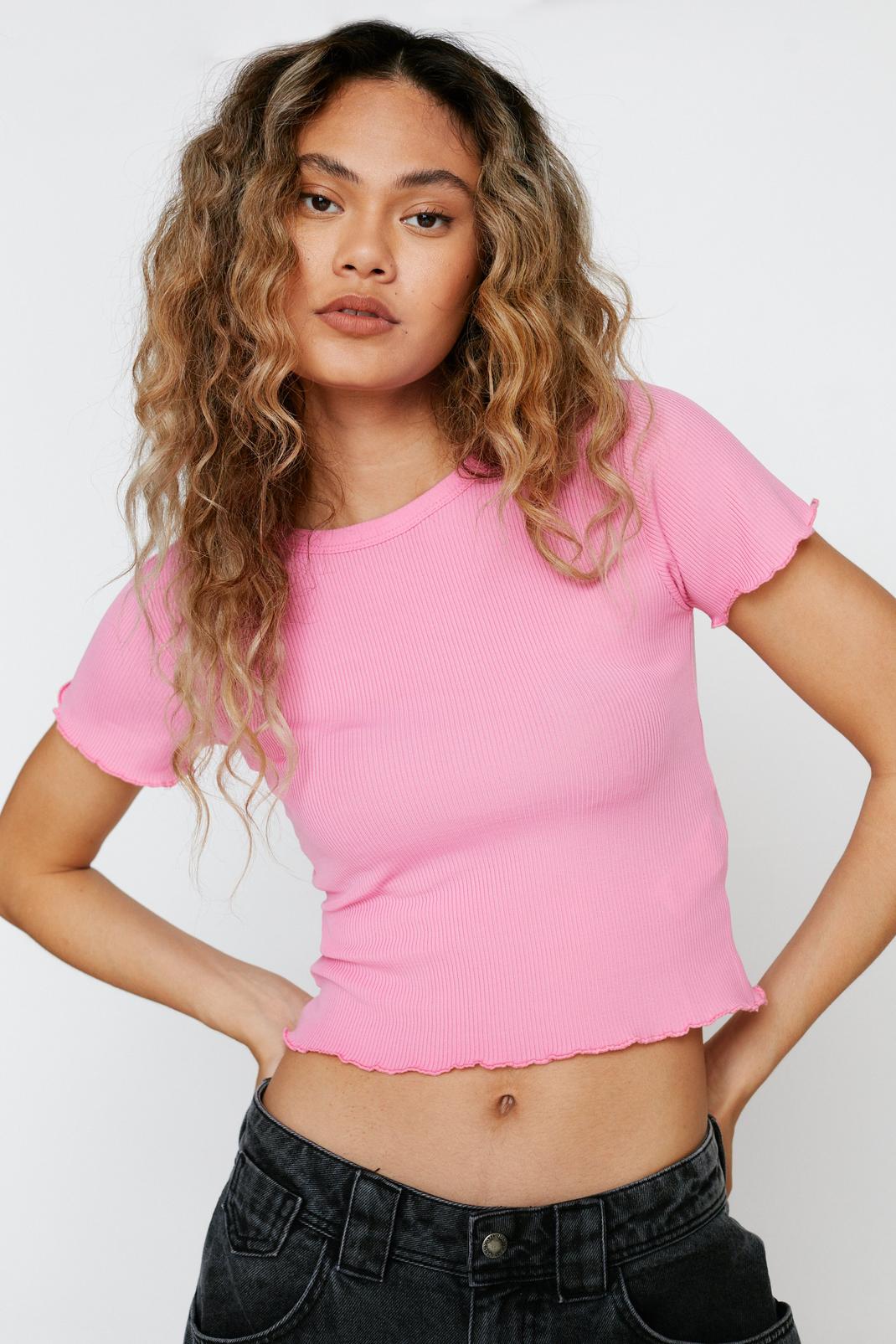 Pink Short Sleeve Crew Neck Ribbed Top