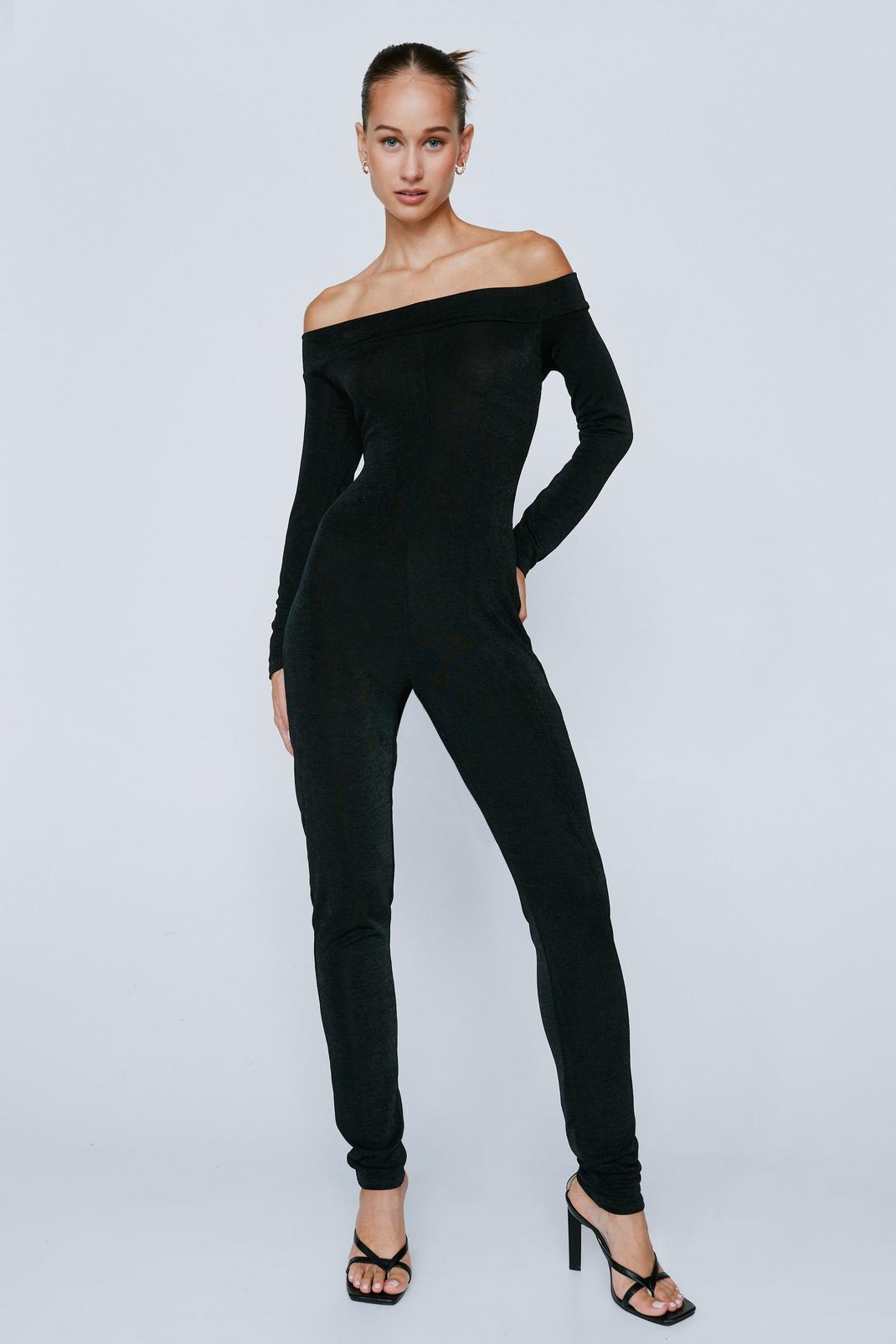 Black Slinky Bardot Long Sleeve Jumpsuit image number 1