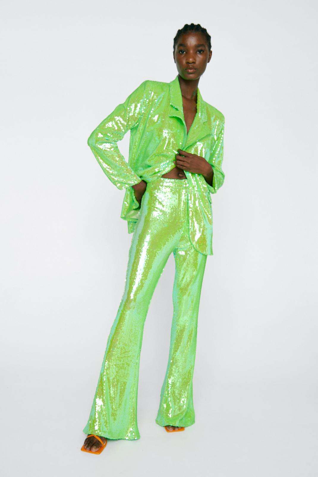 Pantalon flare en sequins verts premium, Green image number 1