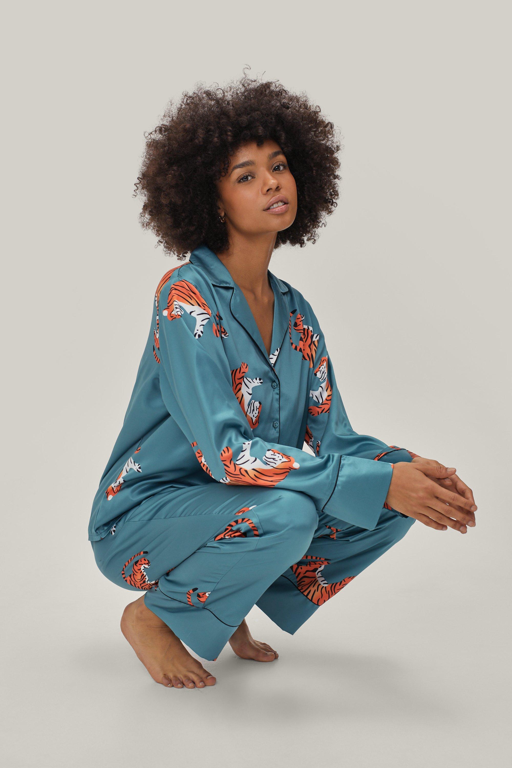 Tiger Print Satin Long Pyjama Set