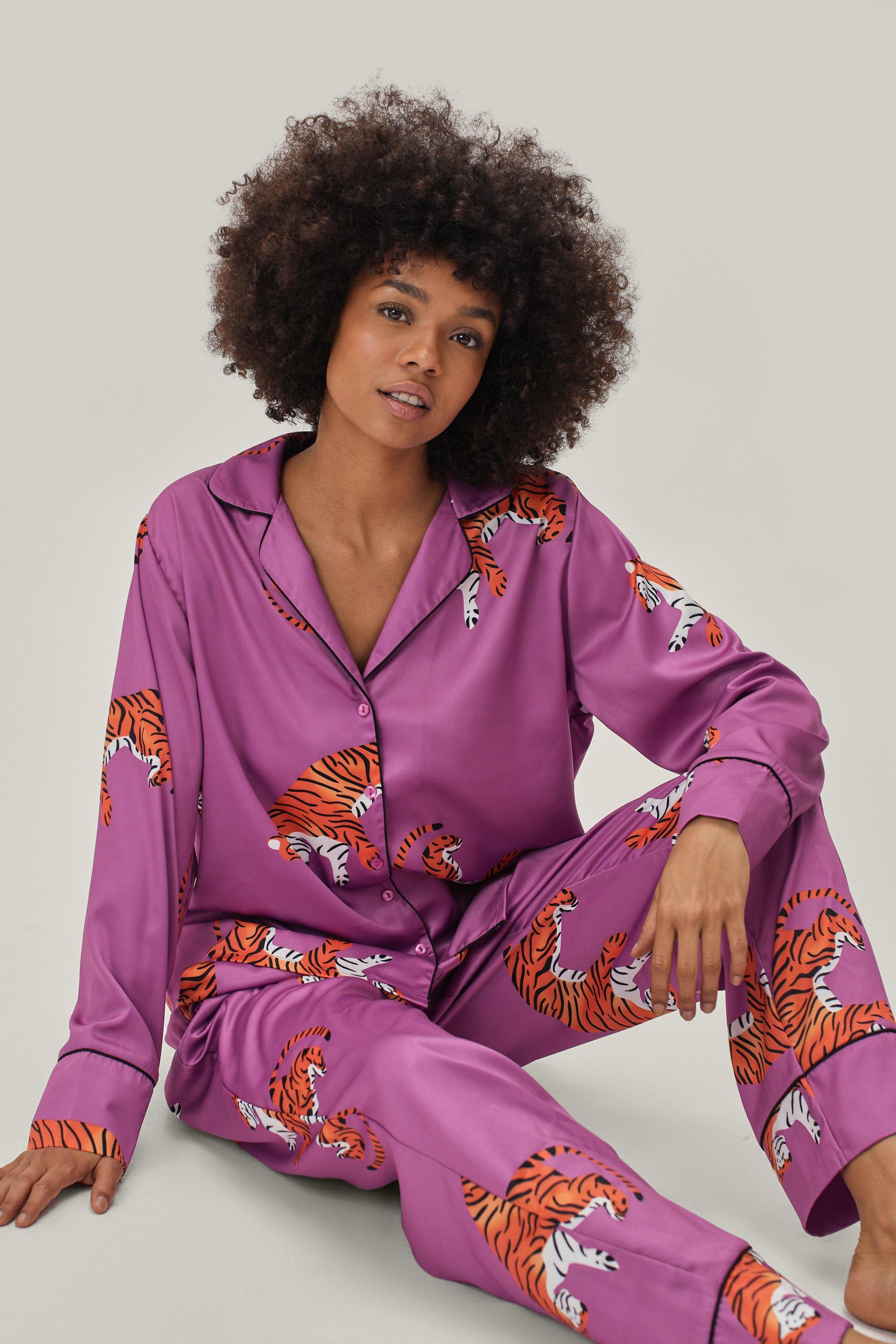 Tiger Print Satin Long Pyjama Set