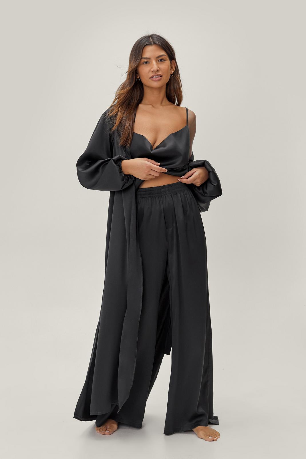 Black Satin Pajama Set Long Sleeve Robe With Belt V Neck Slip