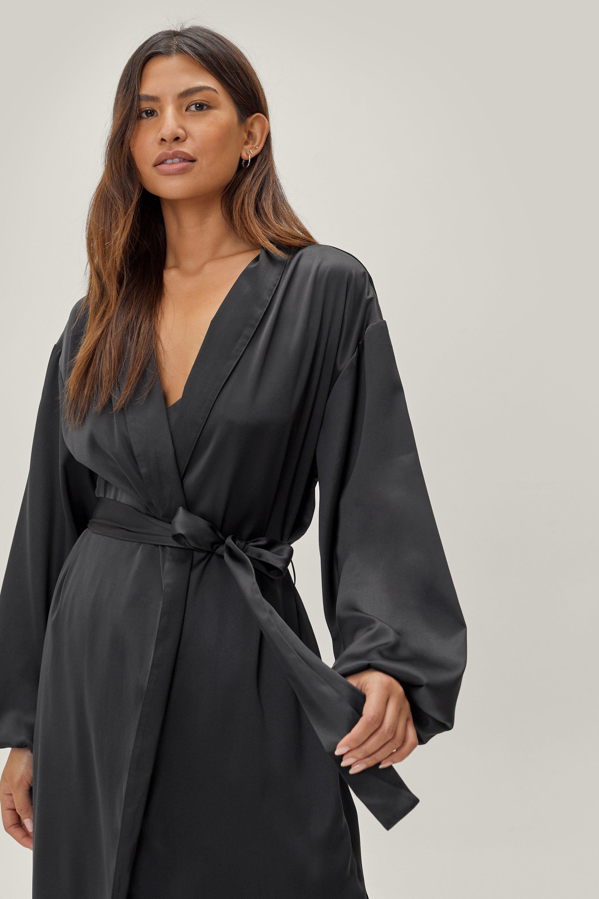 Nasty Gal Womens Satin Long Pajama Set And dressing gown Black