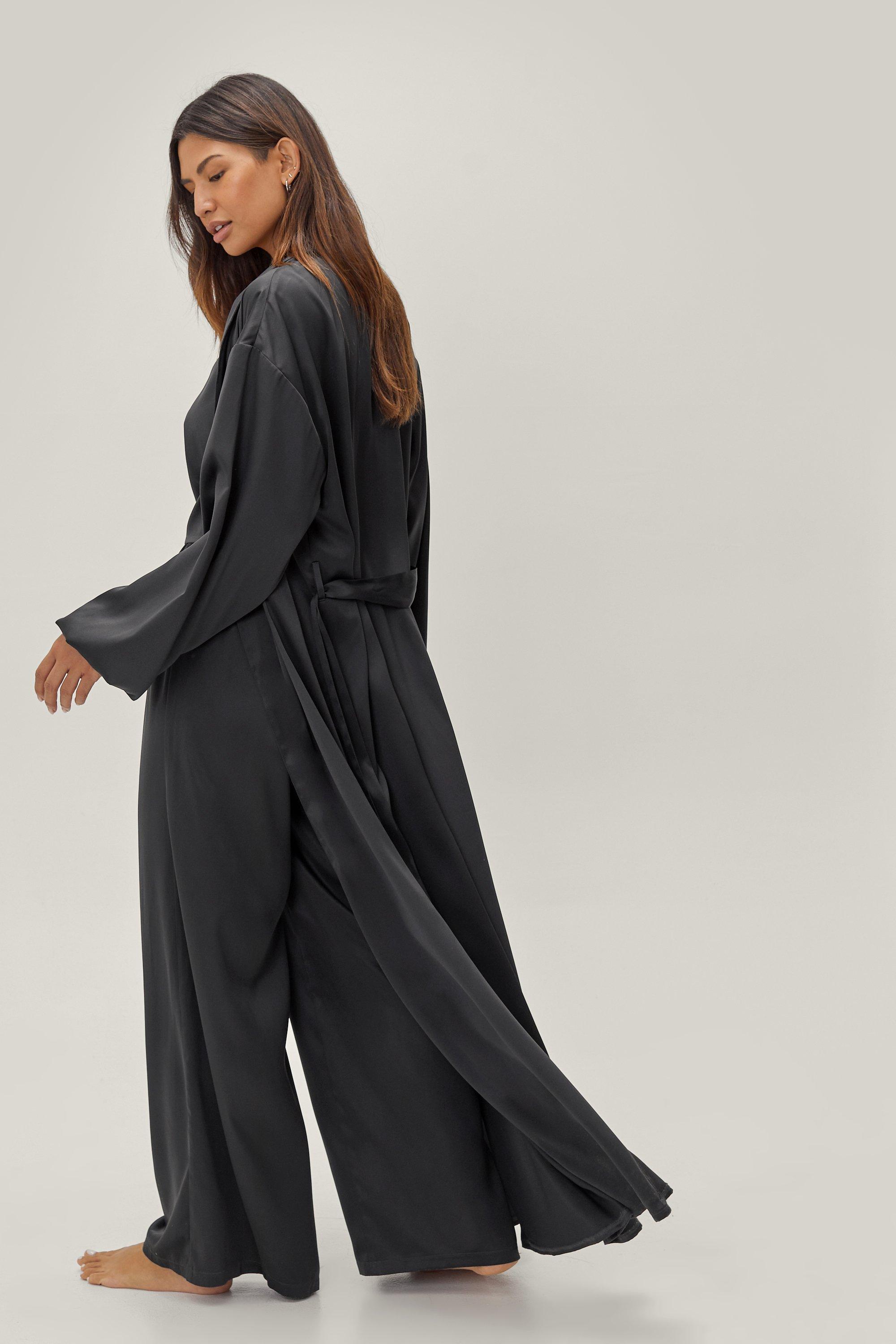 Nasty Gal Womens Satin Long Pajama Set And dressing gown Black