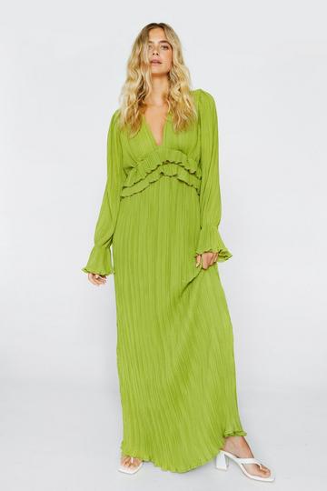 Green Pleated Chiffon Ruffle Maxi Dress