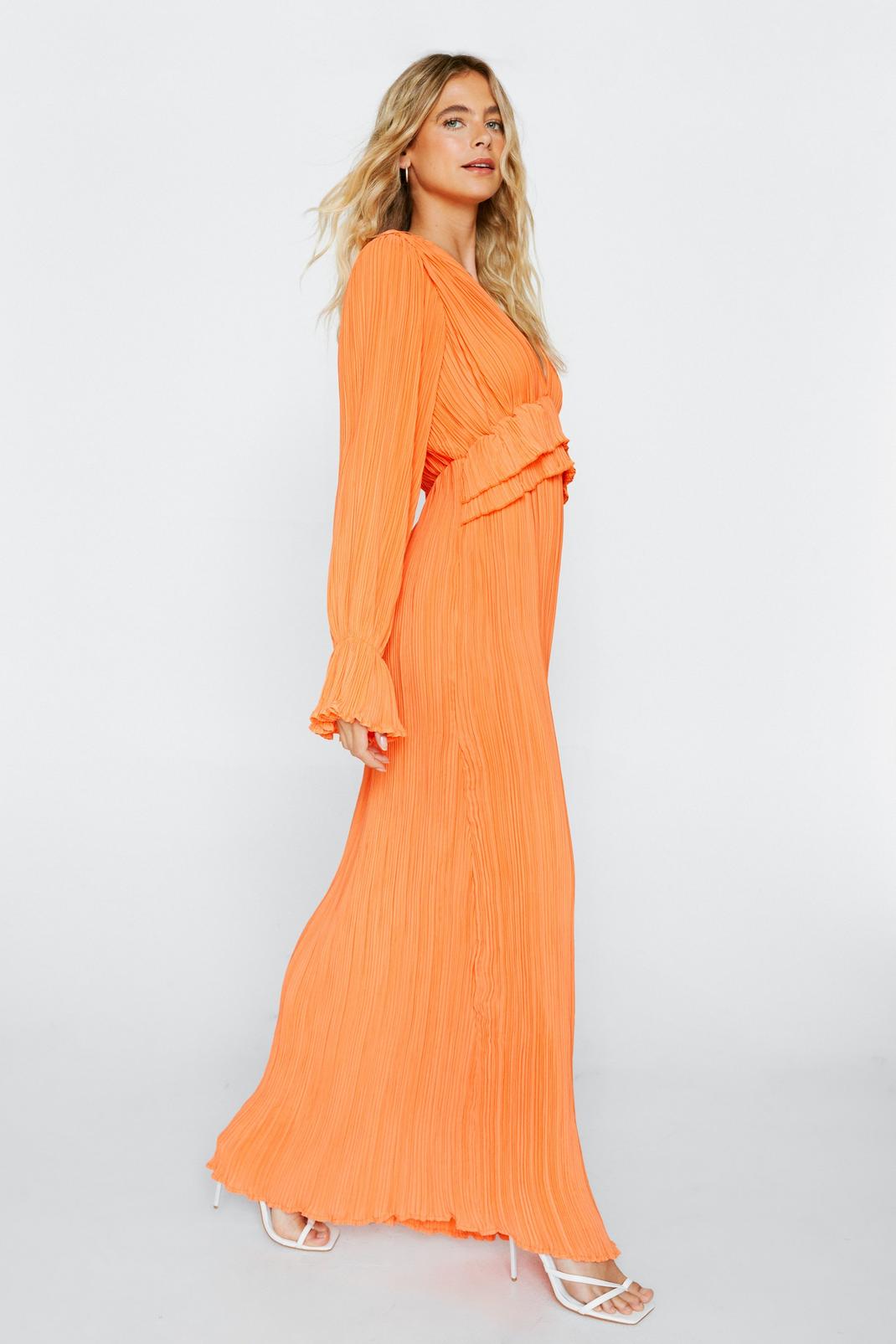 Orange Pleated Chiffon Ruffle Maxi Dress image number 1