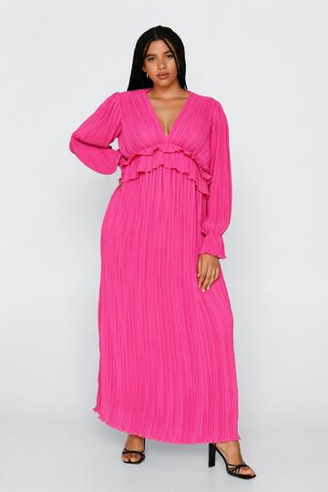 Plus Size Pleated Chiffon Ruffle Maxi Dress hot pink